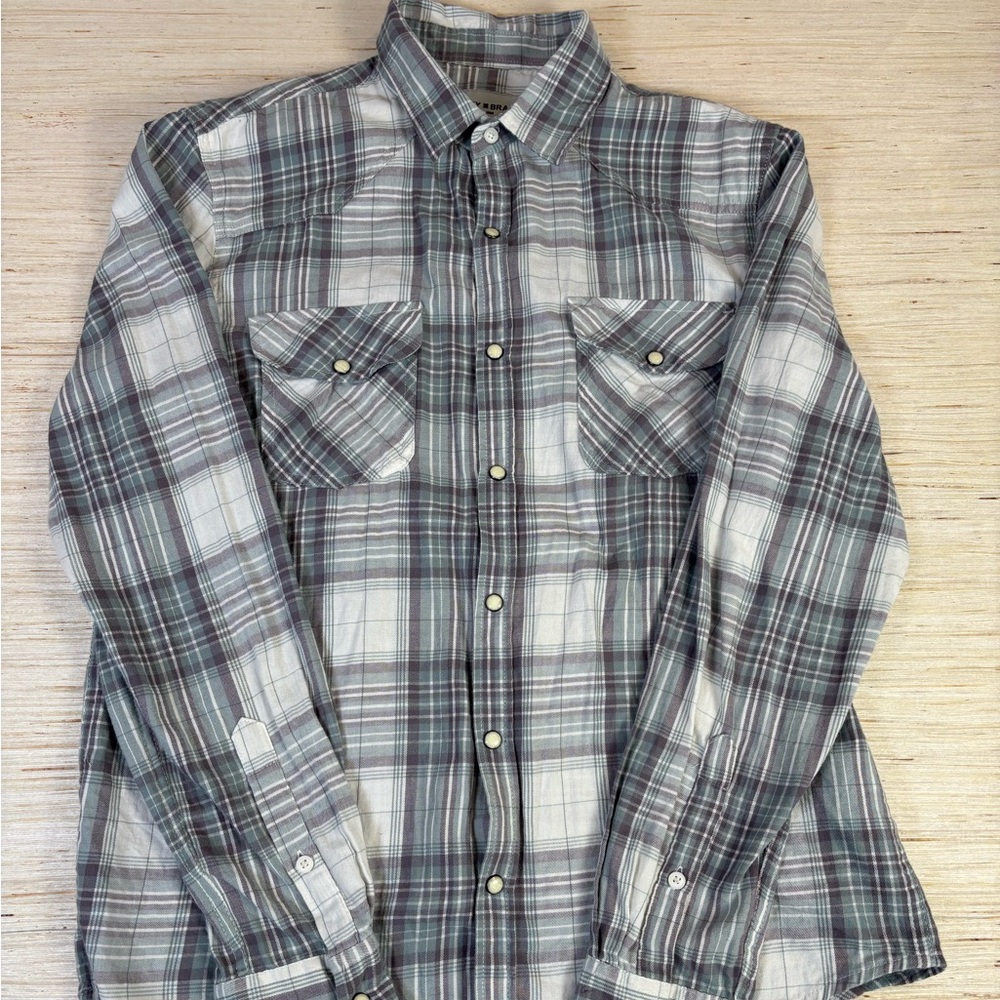 Lucky Brand Western Plaid Snap Button Shirt Men’s Medium Gray Green